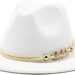 Gossifan Lady Fashion Wide Brim Felt Fedora Panama Hat with Ring Belt-White